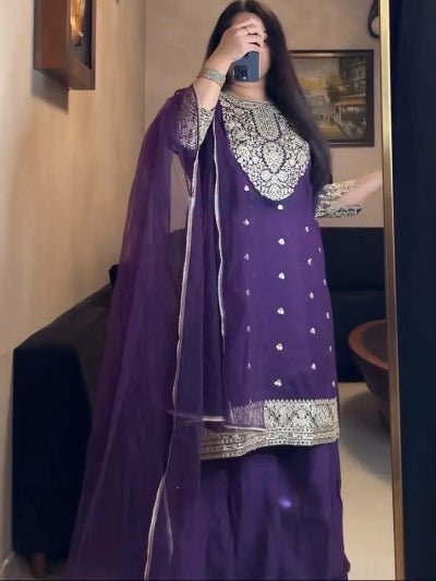 Purple Georgette Sequence Work Sharara Set - BONYHUBSALWAR KAMEEZ