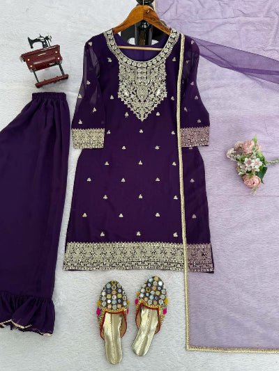 Purple Georgette Sequence Work Sharara Set - BONYHUBSALWAR KAMEEZ
