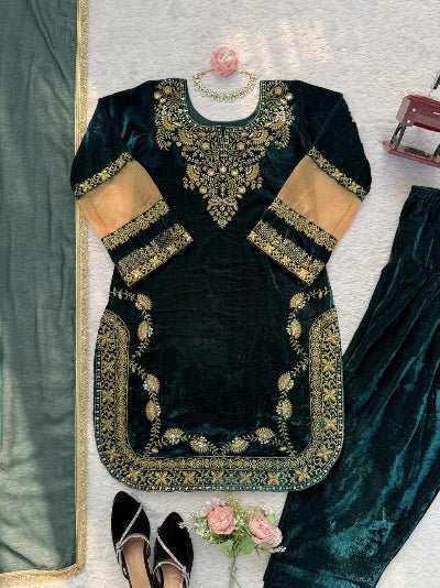 Bottle Green Gold Velvet Punjabi Patiyala Suit - BONYHUBSALWAR KAMEEZ