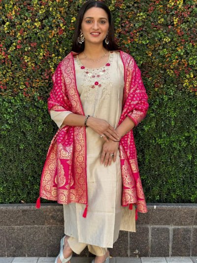 Cream Beige Roman Silk Suit With Pink Banarasi Dupatta - BONYHUBSALWAR KAMEEZ