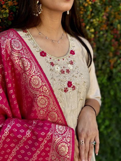Cream Beige Roman Silk Suit With Pink Banarasi Dupatta - BONYHUBSALWAR KAMEEZ