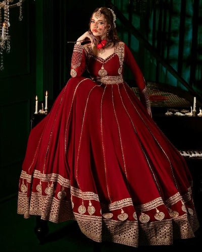 Red Georgette Gold Embroidery Work Anarkali Suit - BONYHUBSALWAR KAMEEZ