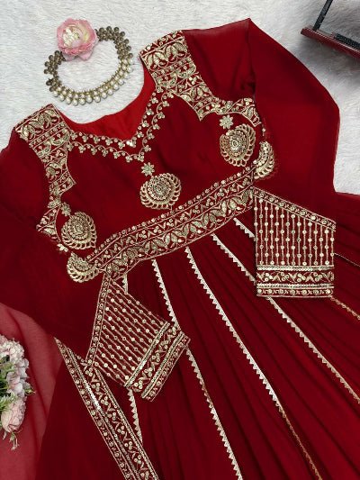 Red Georgette Gold Embroidery Work Anarkali Suit - BONYHUBSALWAR KAMEEZ