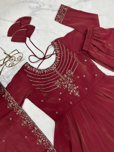 Dusty Maroon Chanderi Silk Embroidery Anarkali Suit Set - BONYHUBSALWAR KAMEEZ