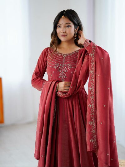 Dusty Maroon Chanderi Silk Embroidery Anarkali Suit Set - BONYHUBSALWAR KAMEEZ