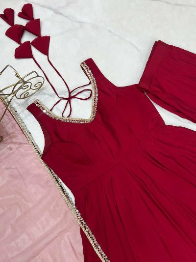 Deep Red Roman Silk Chanderi Anarkali Suit Set - BONYHUBSALWAR KAMEEZ