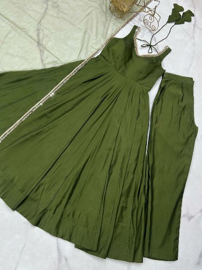 Deep Olive Green Roman Silk Chanderi Anarkali Suit Set - BONYHUBSALWAR KAMEEZ
