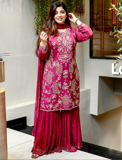 Rani Pink Georgette Embroidery Sharara Suit - BONYHUBSALWAR KAMEEZ