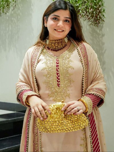 Peach Gold Embroidered Chinon Silk Palazzo Suit - BONYHUBSALWAR KAMEEZ