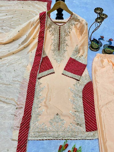 Peach Gold Embroidered Chinon Silk Palazzo Suit - BONYHUBSALWAR KAMEEZ