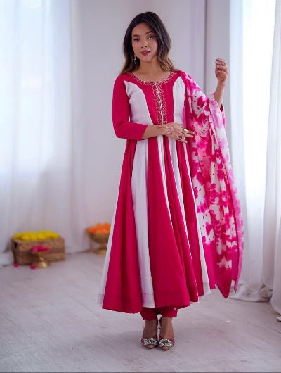 Dark Pink & White Roman Silk Embroidered Anarkali Suit - BONYHUBSALWAR KAMEEZ