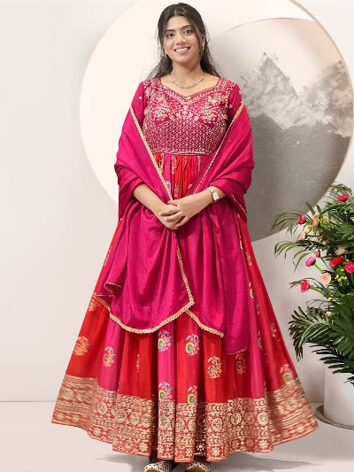 Rani Pink & Red Embroidered Chinon Silk Gown with Dupatta - BONYHUBSALWAR KAMEEZ