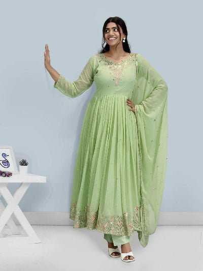 Pastel Green Georgette Embroidery work Anarkali Suit - BONYHUBSALWAR KAMEEZ