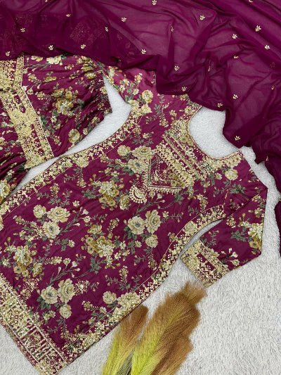 Royal Plum Floral Embroidered Chinon Sharara Suit - BONYHUBSALWAR KAMEEZ