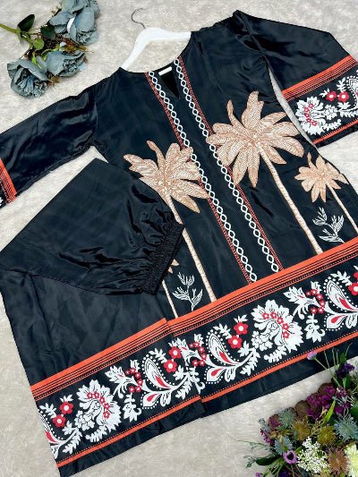 Black Digital Print Kurti Palazzo Set Of 2 - BONYHUBSALWAR KAMEEZ