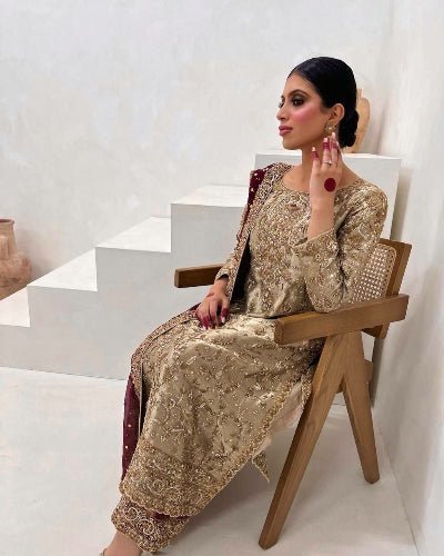 Gold Maroon Silk Sequins Embroidery Straight Suit Set - BONYHUBSALWAR KAMEEZ