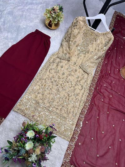 Gold Maroon Silk Sequins Embroidery Straight Suit Set - BONYHUBSALWAR KAMEEZ