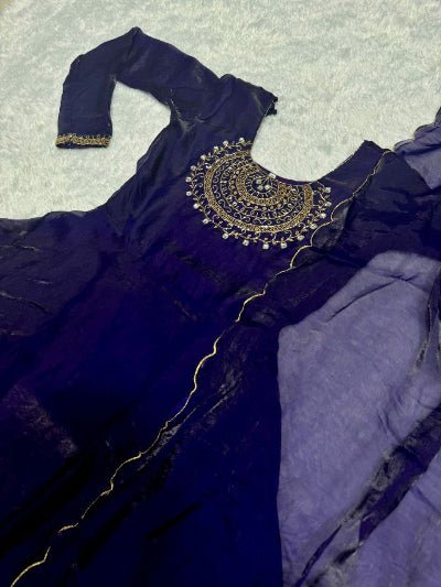 Deep Purple Long Embroidered Gown Dupatta Set Of 2 - BONYHUBSALWAR KAMEEZ