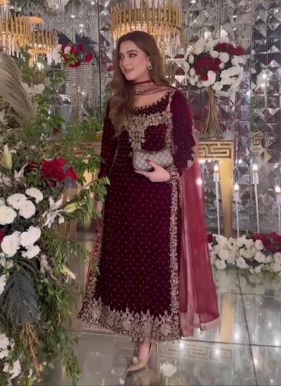Maroon Partywear Velvet Designer Salwar Suit Set UK Next Day - BONYHUBSALWAR KAMEEZ