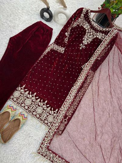 Maroon Partywear Velvet Designer Salwar Suit Set UK Next Day - BONYHUBSALWAR KAMEEZ