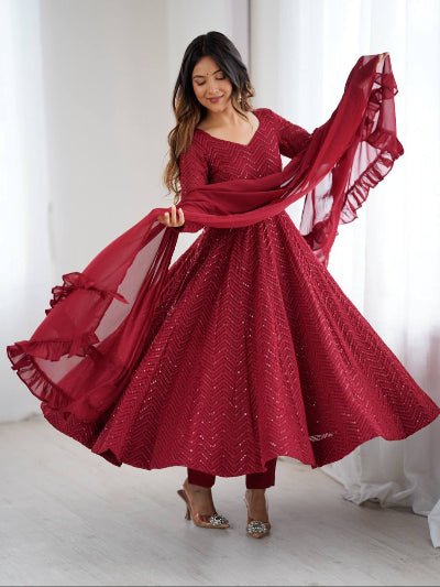Maroon Lucknowi Sequence Work Georgette Anarkali Suit - BONYHUBSALWAR KAMEEZ