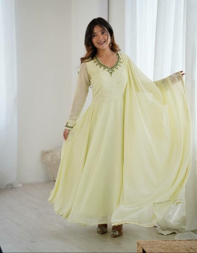 Light Cream Georgette Handwork Anarkali Suit Set - BONYHUBSALWAR KAMEEZ