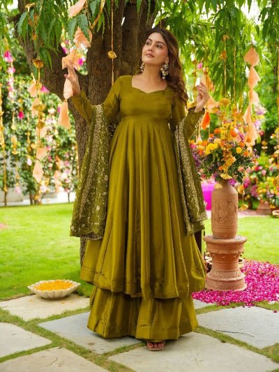 Mehandi Green Chiffon Sequence Work Anarkali Suit - BONYHUBSALWAR KAMEEZ