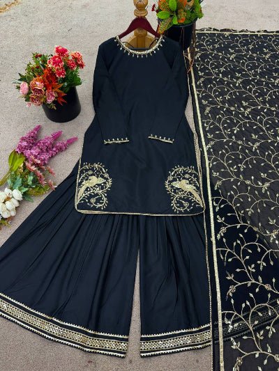 Black Natural Crepe Embroidery Work Sharara Suit - BONYHUBSALWAR KAMEEZ