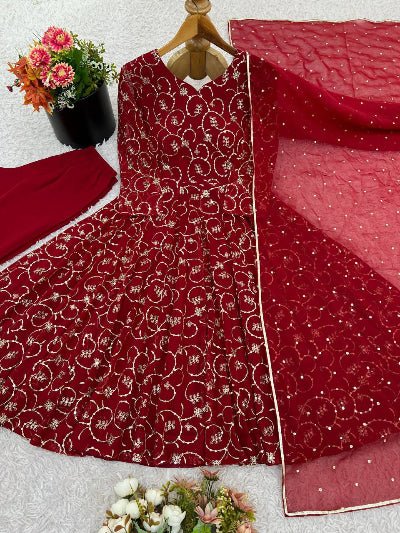 Maroon Georgette Embroidery Flair Anarkali Suit Set - BONYHUBSALWAR KAMEEZ
