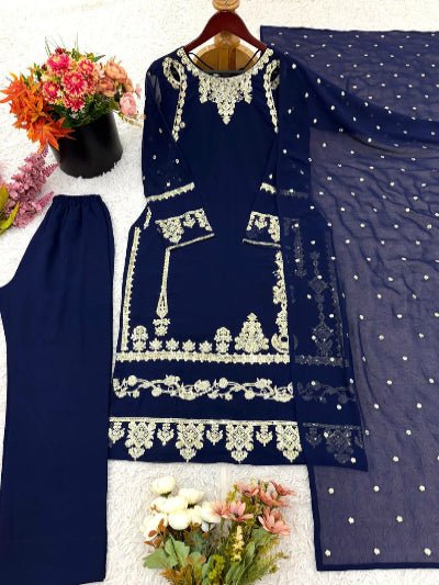 Navy Blue Georgette Embroidery Straight Suit Set - BONYHUBSALWAR KAMEEZ
