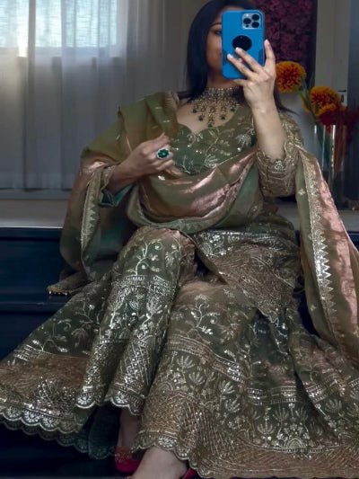 Olive Green Sequins Work Sharara Suit Set - BONYHUBSALWAR KAMEEZ