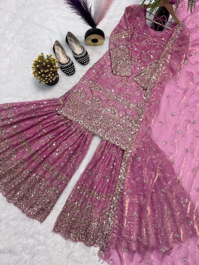 Blush Pink Sequins Work Sharara Suit Set - BONYHUBSALWAR KAMEEZ