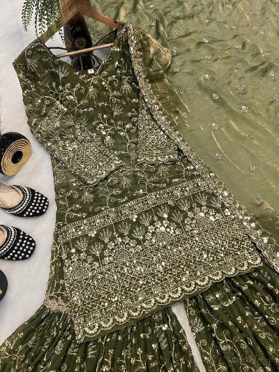 Olive Green Sequins Work Sharara Suit Set - BONYHUBSALWAR KAMEEZ