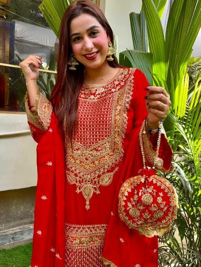 Red Georgette Gold Embroidered Salwar Suit Set - BONYHUBSALWAR KAMEEZ