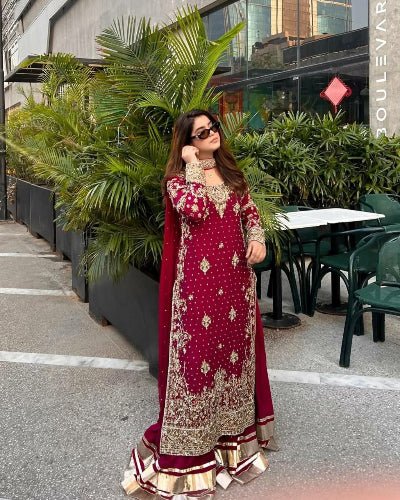 Maroon Georgette Embroidered Sequins Sharara Suit - BONYHUBSALWAR KAMEEZ