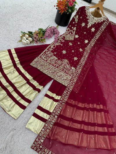 Maroon Georgette Embroidered Sequins Sharara Suit - BONYHUBSALWAR KAMEEZ