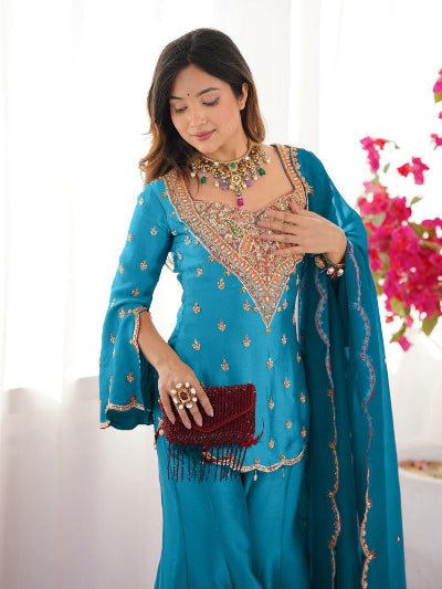 Sky Blue Simar Silk Embroidered Gharara Suit Set - BONYHUBSALWAR KAMEEZ