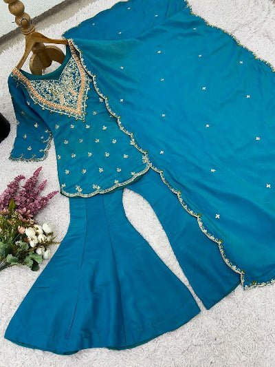 Sky Blue Simar Silk Embroidered Gharara Suit Set - BONYHUBSALWAR KAMEEZ