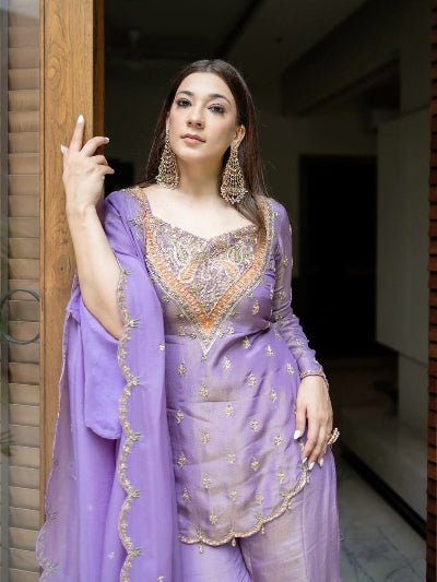 Lilac Simar Silk Embroidered Gharara Suit Set - BONYHUBSALWAR KAMEEZ