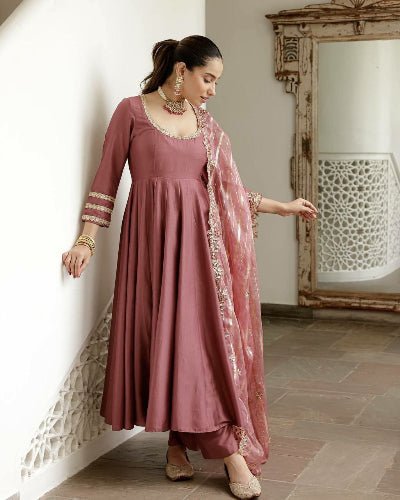 Dusty Mauve Pink Embroidered Anarkali Suit - BONYHUBSALWAR KAMEEZ