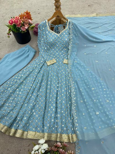 Powder Blue Georgette Embroidered Anarkali Suit Set - BONYHUBSALWAR KAMEEZ