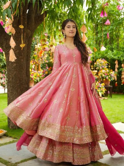 Pink Crunchy Silk Embroidered Anarkali Suit Set - BONYHUBSALWAR KAMEEZ