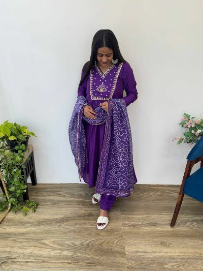 Purple Chanderi Cotton Anarkali Suit With Bandhani Dupatta - BONYHUBSALWAR KAMEEZ