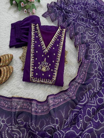 Purple Chanderi Cotton Anarkali Suit With Bandhani Dupatta - BONYHUBSALWAR KAMEEZ