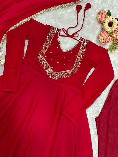 Beautiful Red Georgette Embroidered Anarkali Suit Set - BONYHUBSALWAR KAMEEZ