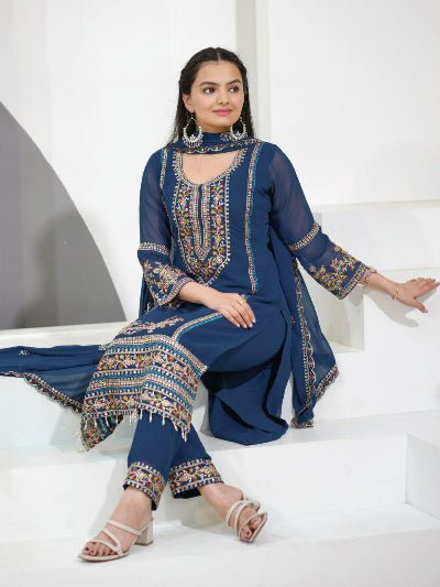Teal Blue Georgette Gold Embroidered Straight Suit Set - BONYHUBSALWAR KAMEEZ