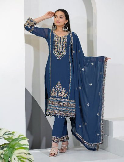 Teal Blue Georgette Gold Embroidered Straight Suit Set - BONYHUBSALWAR KAMEEZ