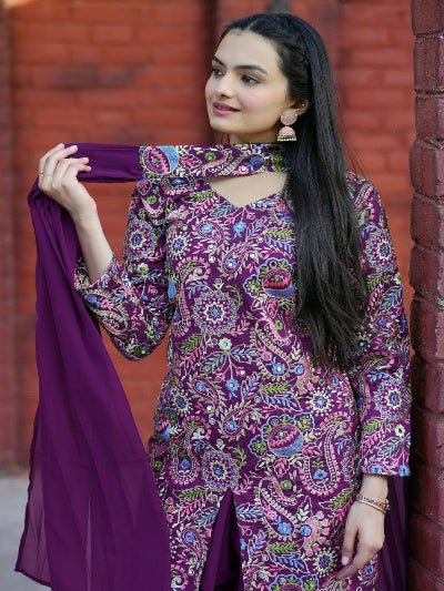 Purple Tapeta Silk Embroidered Mirror Work Sharara Suit - BONYHUBSALWAR KAMEEZ