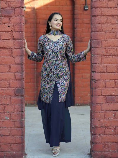 Navy Blue Tapeta Silk Embroidered Mirror Work Sharara Suit - BONYHUBSALWAR KAMEEZ