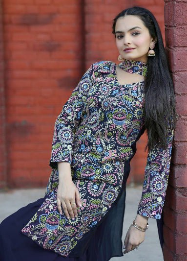 Navy Blue Tapeta Silk Embroidered Mirror Work Sharara Suit - BONYHUBSALWAR KAMEEZ